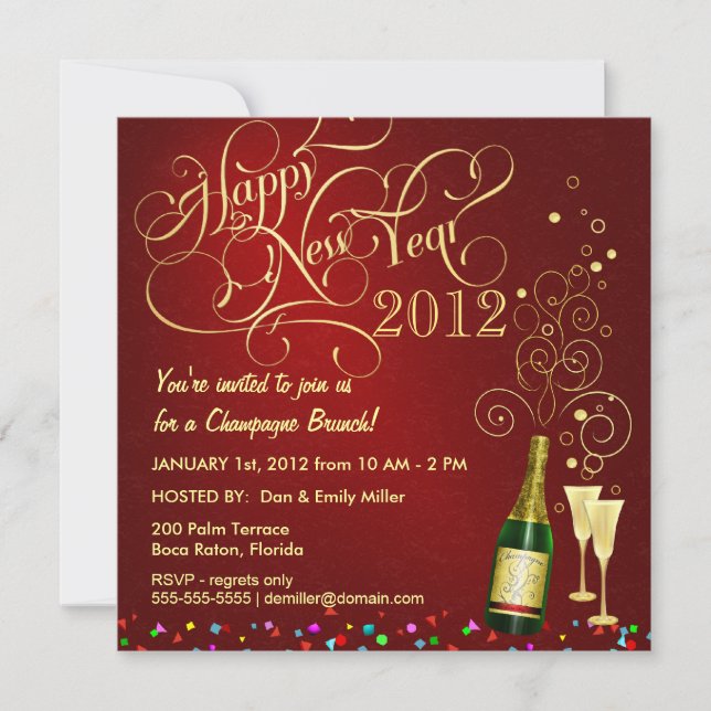Invitación Fiesta del día de Año Nuevo - brunch de Champán (Anverso)