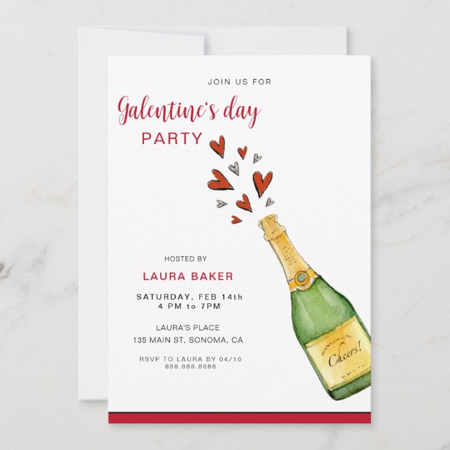 Invitación Fiesta del Día de Galentine de Champagne y Hearts (Anverso)