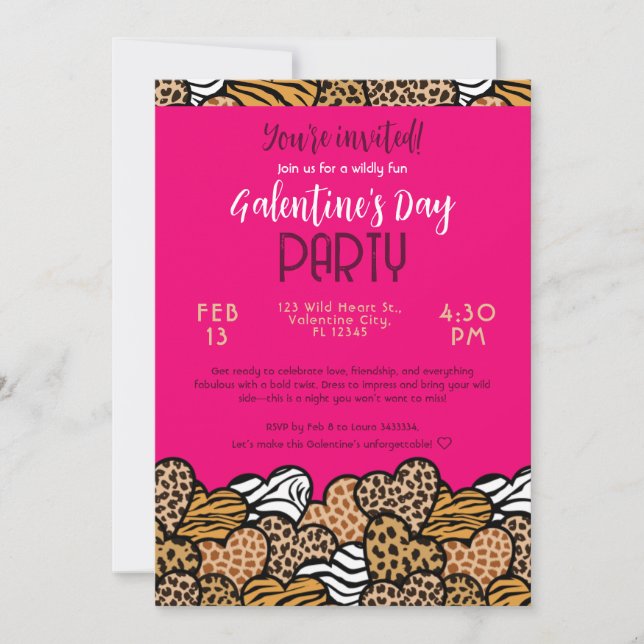 Invitación Fiesta del Día de Galentine en un animal rosa salv (Anverso)