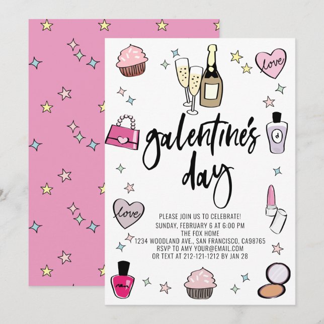 Invitación Fiesta del Día de Galentine Rosa de Champagne (Anverso / Reverso)