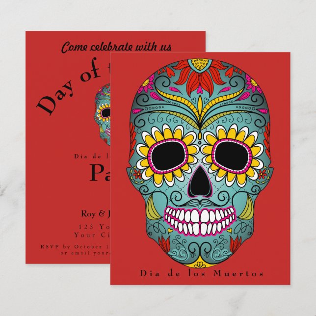 Invitación Fiesta del Día de los Muertos Skull de azúcar colo (Anverso / Reverso)