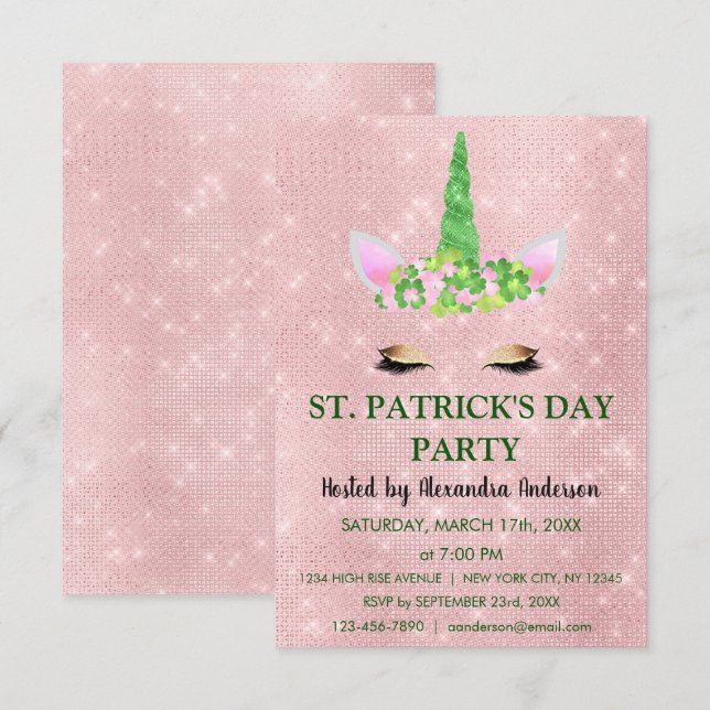 Invitación Fiesta del Día de San Patricio de Unicornio Rosa d (Anverso / Reverso)