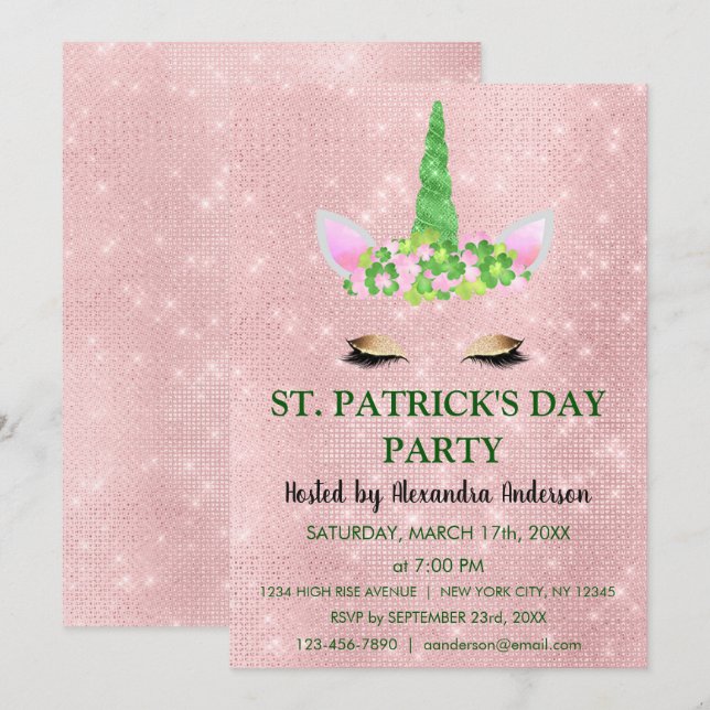 Invitación Fiesta del Día de San Patricio de Unicornio Rosa d (Anverso / Reverso)