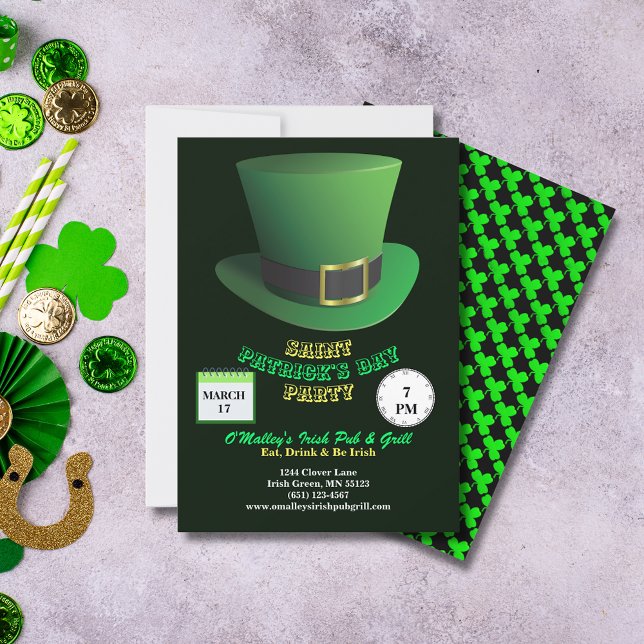 Invitación Fiesta del Día de San Patricio Gorra Verde y Shamr (St Patrick's Day Party Green Hat & Shamrocks Invitation)