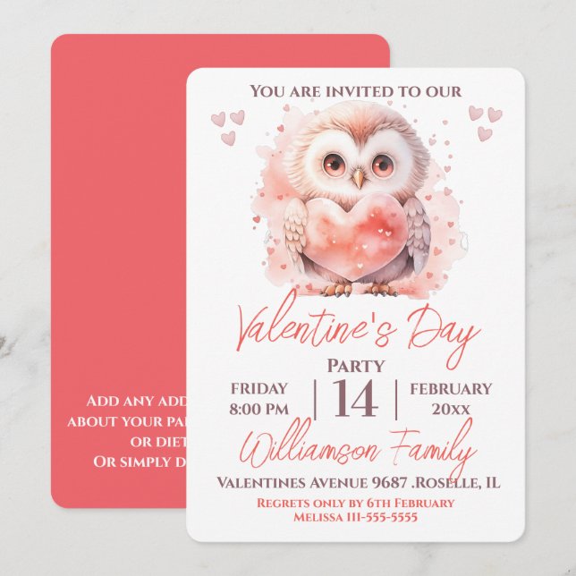 Invitación Fiesta del Día de San Valentín Búho y Corazón Lind (Anverso / Reverso)