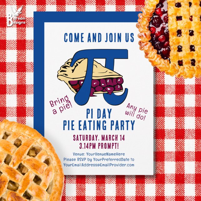 Invitación Fiesta del DÍA del IP de consumo de pie (Fun PI DAY party invitation featuring cherry pie and PI math symbol. Matching party supplies.)