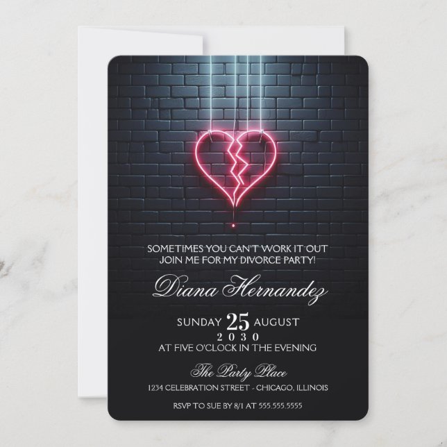 Invitación Fiesta del divorcio cardíaco roto (Anverso)