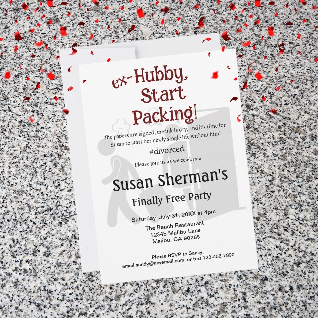 Invitación Fiesta del divorcio finalmente gratis rojo (Host a divorce party with this cute and funny "ex-Hubby, Start Packing!" theme to help her celebrate)