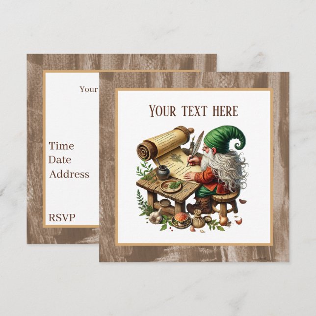 Invitación Fiesta del gnomo de escritura de corte (Anverso / Reverso)