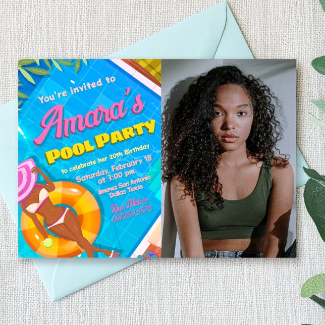 Invitación Fiesta del grupo - Chica con foto (Pool Party Landscape Invitation with Photo)