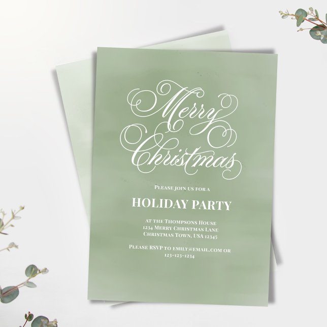 Invitación Fiesta del guión de navidad de Feliz Verde (Merry Christmas green watercolor invitation.)