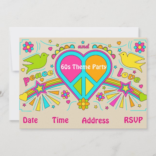 Invitación fiesta del hippy del flower power del tema 60s (Anverso)
