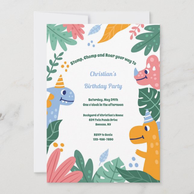 Invitación Fiesta del Jardín de Cumpleaños de Dinosaurio (Anverso)