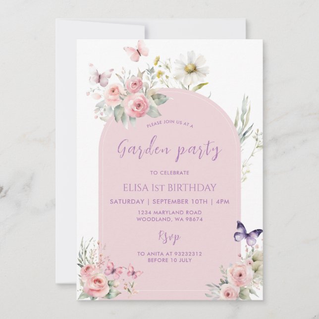 Invitación Fiesta del Jardín de Mariposa Floral Pastel Rosa (Anverso)