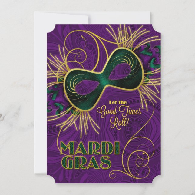 Invitación Fiesta del Mardi Gras en verde oro morado (Anverso)