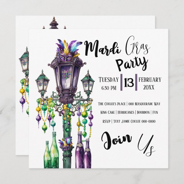 Invitación Fiesta del Mardi Gras Lamp Post y Beads (Anverso / Reverso)