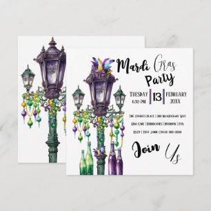 Invitación Fiesta del Mardi Gras Lamp Post y Beads