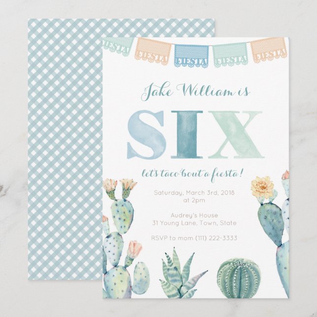 Invitación Fiesta del Niño Mexicano Cacti Fiesta del Cumpleañ (Anverso / Reverso)