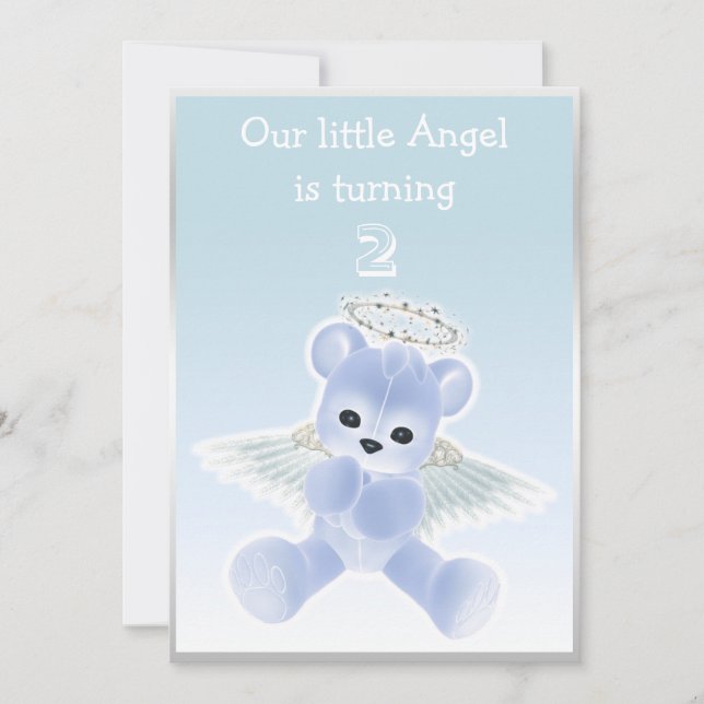 Invitación Fiesta del oso azul Angel Teddy del niño en segund (Anverso)