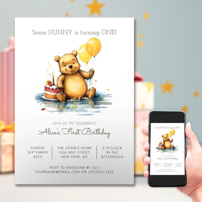 Invitación Fiesta del oso bebé - Globos Primer cumpleaños (Subido por el creador)