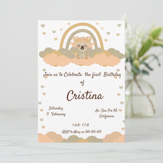 Invitación Fiesta del oso koala del arcoíris de la nube mágic (Anverso de pie)