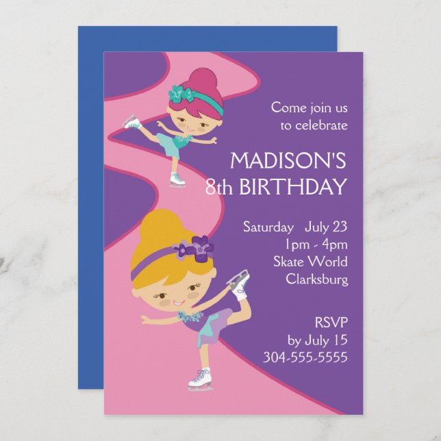 Invitación Fiesta del patinaje del hielo del chica (Anverso / Reverso)