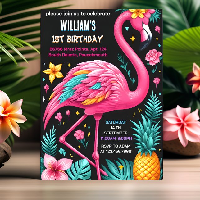 Invitación Fiesta del Piscina Luau Fly Pink Flamingo (Subido por el creador)