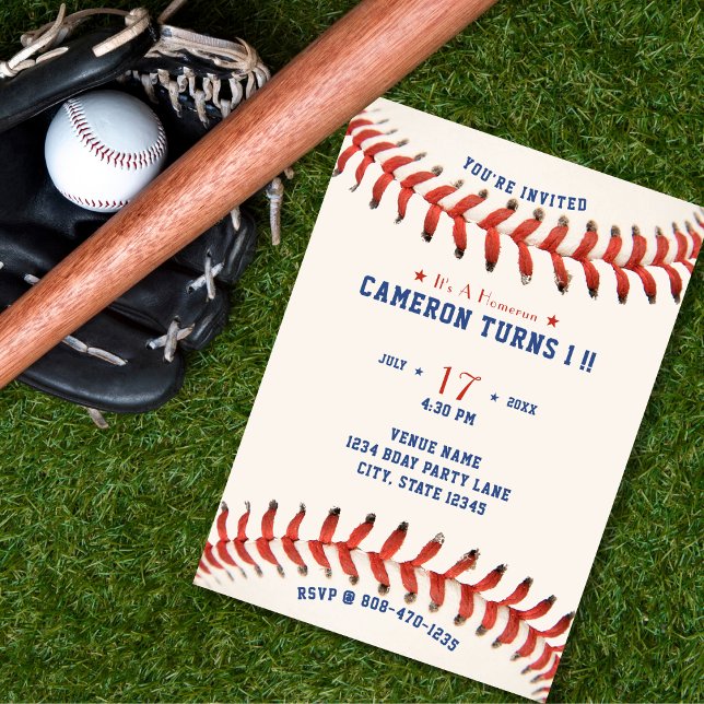 Invitación Fiesta del primer cumpleaños de Baseball Softball  (Baseball Softball Sport 1st Birthday Party Invitation)