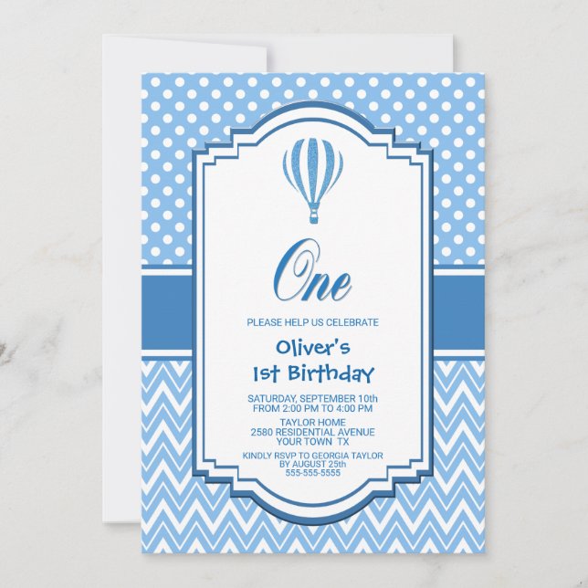 Invitación Fiesta del primer cumpleaños de Blue Polka Dot (Anverso)