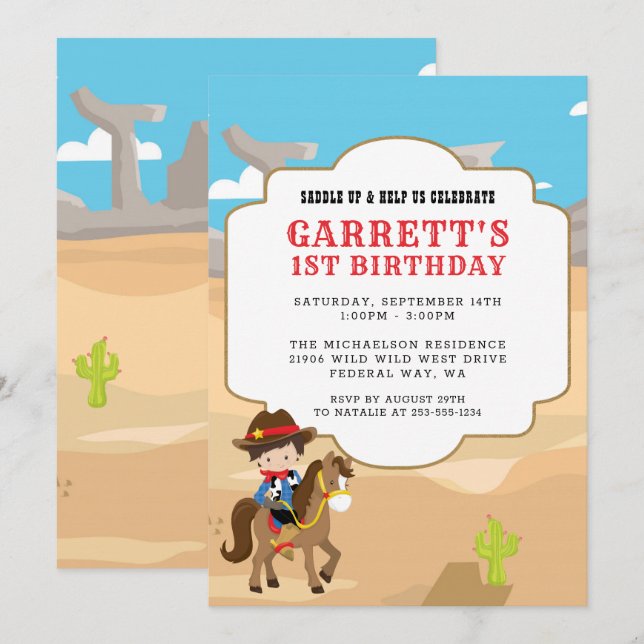 Invitación Fiesta del primer cumpleaños de Cowboy (Anverso / Reverso)