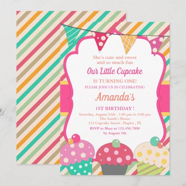 Invitación Fiesta del primer cumpleaños de Cupakes Cute Cupak (Anverso / Reverso)
