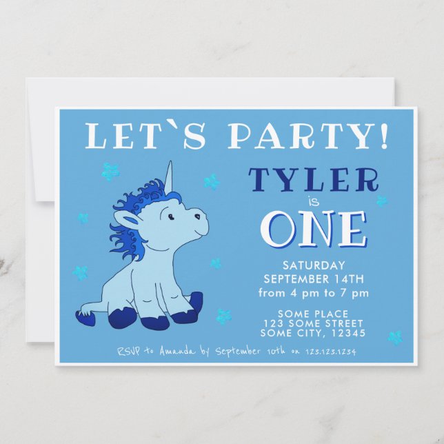 Invitación Fiesta del primer cumpleaños de Cute Blue Unicorn (Anverso)