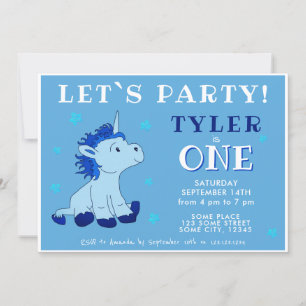 Invitación Fiesta del primer cumpleaños de Cute Blue Unicorn