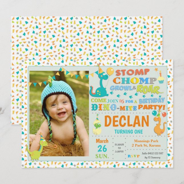Invitación Fiesta del primer cumpleaños de Cute Dinosaur Foto (Anverso / Reverso)