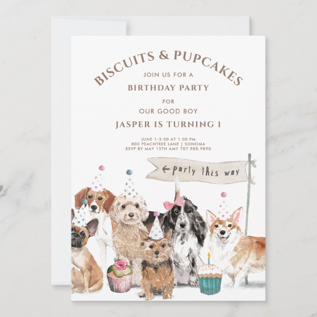 Invitación Fiesta del primer cumpleaños de Cute Dog (Anverso)