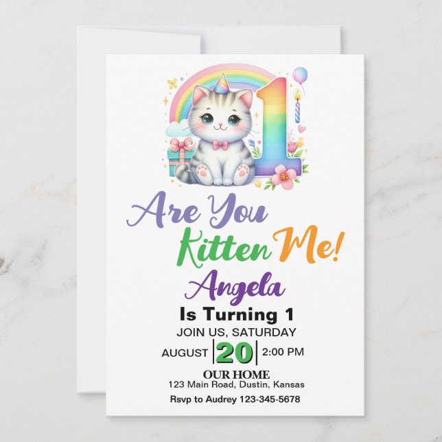 Invitación Fiesta del primer cumpleaños de Cute Kitten (Anverso)