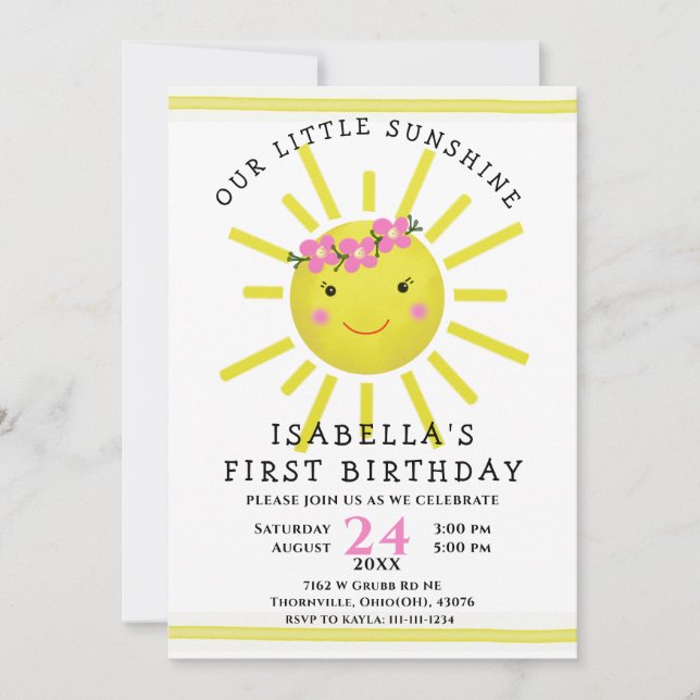 Invitación Fiesta del primer cumpleaños de Cute Yellow Sunshi (Anverso)