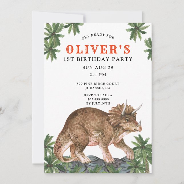 Invitación Fiesta del primer cumpleaños de Dinosaur Tricerato (Anverso)