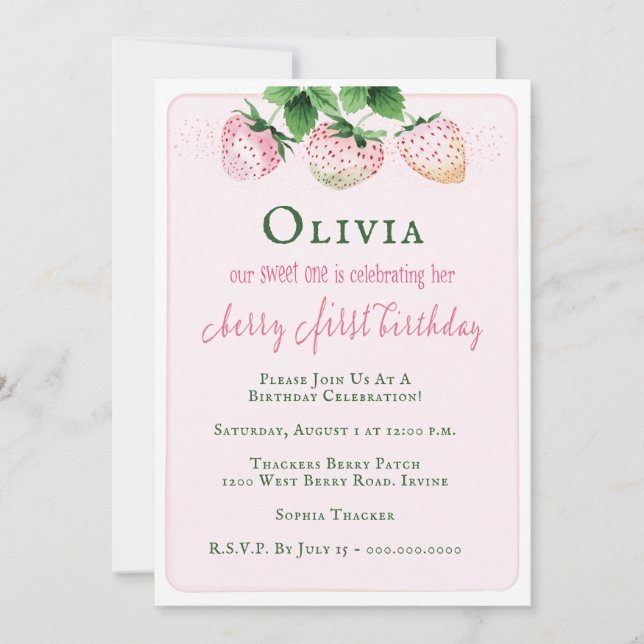 Invitación Fiesta del primer cumpleaños de fresa (Anverso)