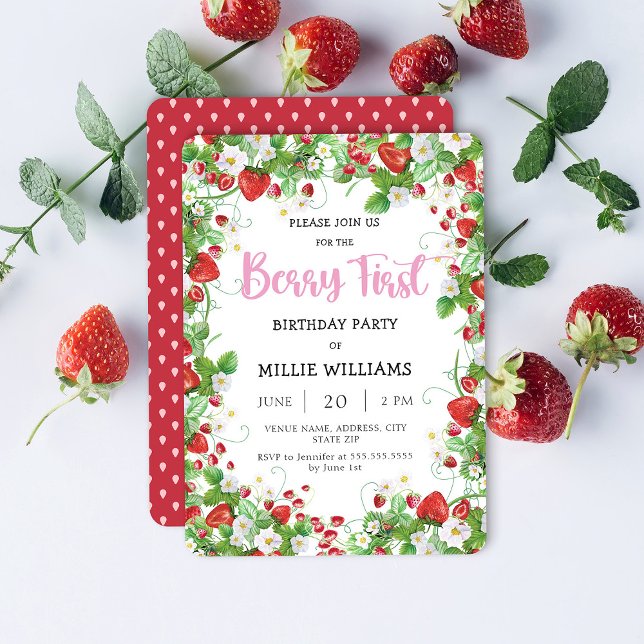 Invitación Fiesta del primer cumpleaños de fresa (Subido por el creador)