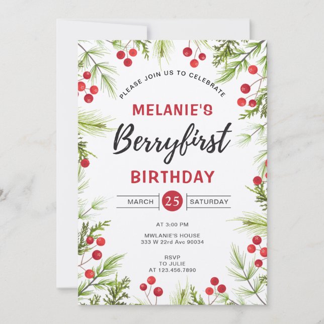 Invitación Fiesta del primer cumpleaños de fresa | Berry Firs (Anverso)