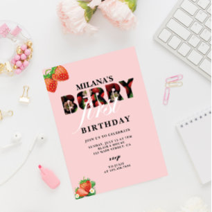 Invitación Fiesta del primer cumpleaños de fresa Berry Firs