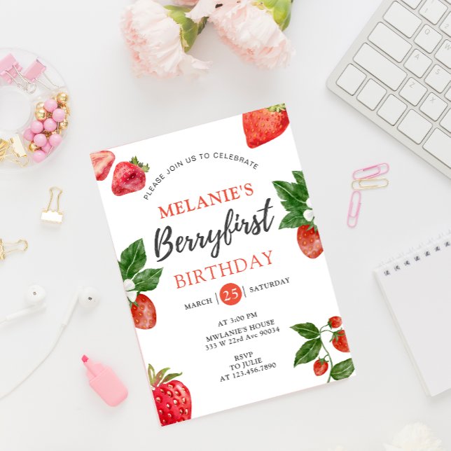 Invitación Fiesta del primer cumpleaños de fresa | Berry Firs (Berry first 1st Birthday invitation card mockup)