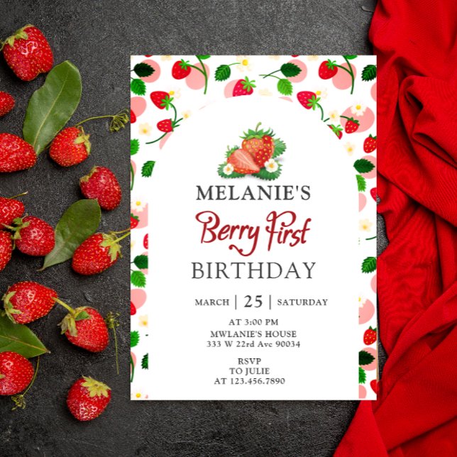 Invitación Fiesta del primer cumpleaños de fresa | Berry Firs (Girl Berry first birthday card invitation)