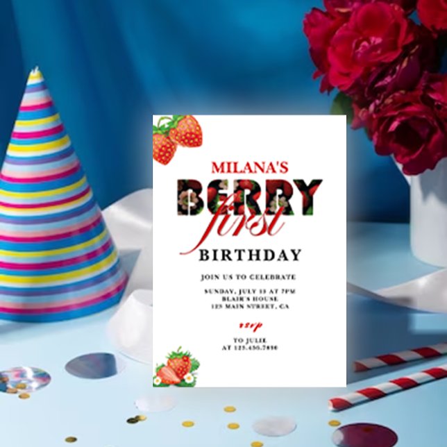 Invitación Fiesta del primer cumpleaños de fresa | Berry Firs (Berry first 1st Birthday invitation card mockup)