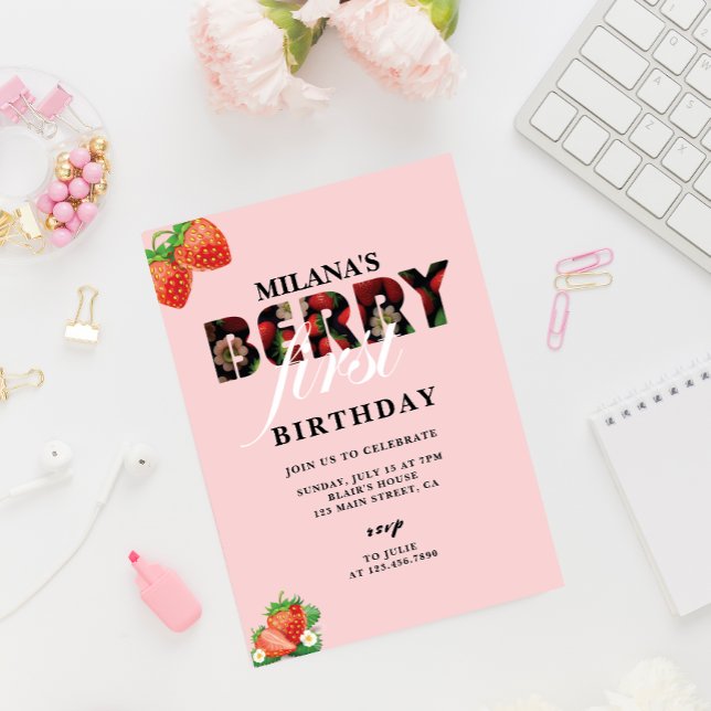 Invitación Fiesta del primer cumpleaños de fresa | Berry Firs (Pink Berry First strawberry invitation card)
