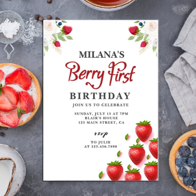 Invitación Fiesta del primer cumpleaños de fresa | Berry Firs (Berry First Birthday card)