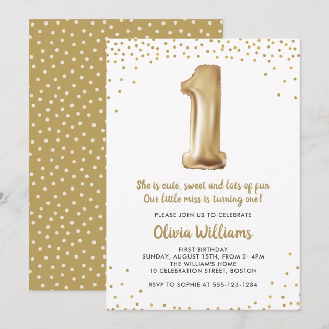 Invitación Fiesta del primer cumpleaños de Gold Confetti | Pr (Anverso / Reverso)