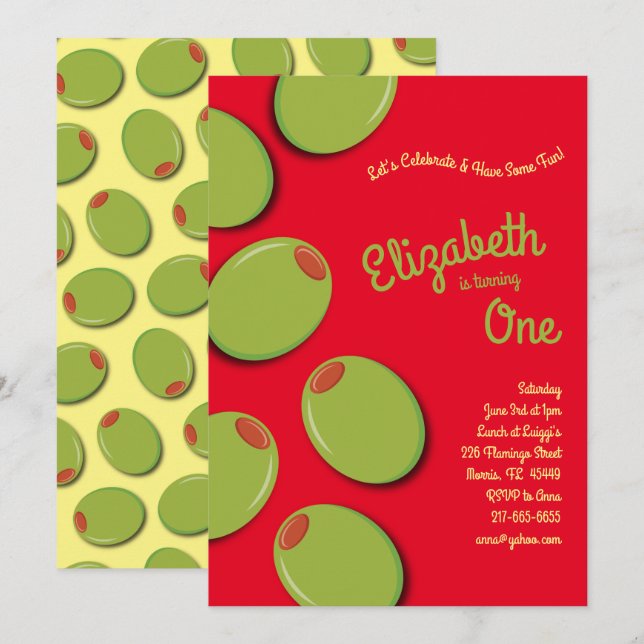 Invitación Fiesta del primer cumpleaños de Green Olives Kid (Anverso / Reverso)