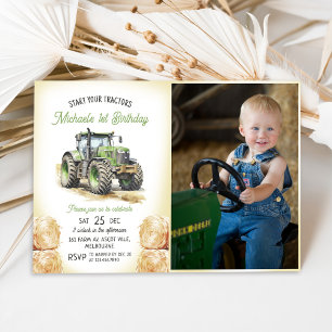 Invitación Fiesta del primer cumpleaños de Green Tractor